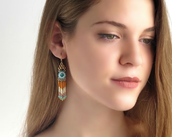 Tassel bead long statement earrings, Turquoise and orange earrings, Fringe earrings gold, Boho earrings, Native style beaded earrings