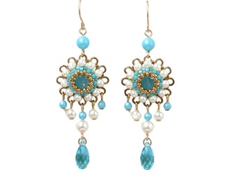 Turquoise chandelier earring gold, Swarovski crystal and pearl earrings, Long drop dangle earrings, Beaded jewelry gift for women