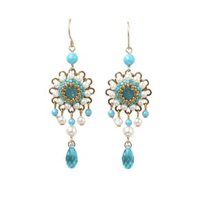 Turquoise chandelier earring gold, Swarovski crystal and pearl earrings, Long drop dangle earrings, Beaded jewelry gift for women