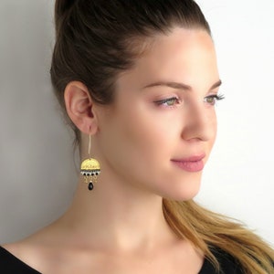 Black and gold drop earrings, Boho statement earrings, Ethnic earrings, Long dangle earrings, Swarobski crystal beaded earrings