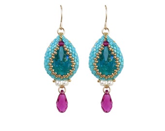 Unique beaded Swarovski crystal teardrop earrings, Turquoise pink drop earrings, Fancy & elegant earrings for women