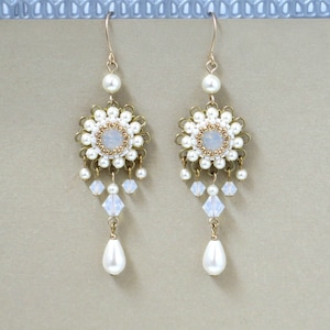 Swarovski pearl chandelier wedding bridal earrings, Statement boho earrings for wedding party, White and gold Swarovski beaded earrings