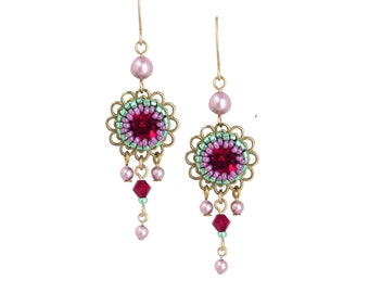 Green and red dangle earrings, Colorful flower earrings, Romantic earrings, Swarovski crystal and pearl drop earrings, Dainty earrings