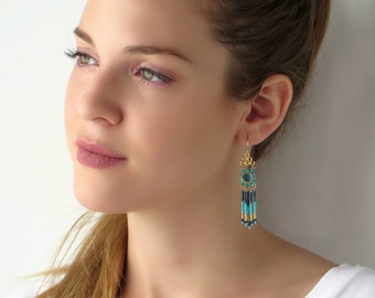 Bead tassel earrings gold filled, Long tribal earrings, Turquoise gold fringe beaded earrings, Ethnic style fashion earrings