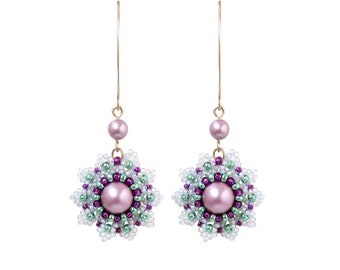 Flower crystal dangle earrings, Rose pearl drop earrings, Long earrings for women, Romantic feminine earrings
