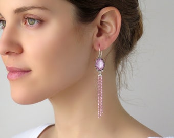 Pink crystal silver earrings,  Swarovski teardrop earrings, Long tassel earrings, Statement earrings lightweight