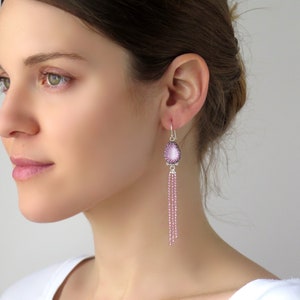 Pink crystal silver earrings,  Swarovski teardrop earrings, Long tassel earrings, Statement earrings lightweight
