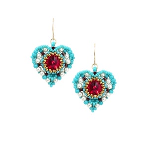 Heart earrings dangle, Romantic earrings, Turquoise and red Swarovski crystal beaded earrings, Gift for women, Sweet 16 gifts for girls