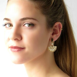 Stud wedding earrings for brides, Pearl and gold bridal earrings, Dangle stud earrings, Fan earring stud, Beaded earrings handmade