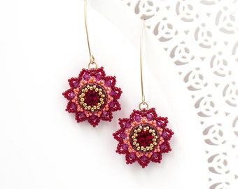 Red flower earring, Long swarovski crystal beaded earring, Romantic earrings for girlfriend, Red and gold earrings, Floral jewelry