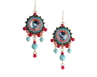 Turquoise and red chandelier earrings, Colorful earrings, Swarovski crystal beaded earrings, Dangle earrings for women, Gift for wife