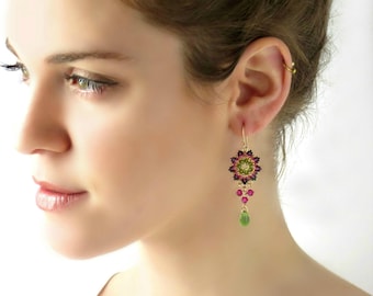 Mothers day gift, Pink and green Swarovski crystal colorful dangle earrings, Boho chandelier beaded earrings, Flower Seed bead earrings