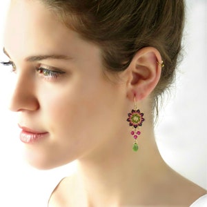 Swarovski Crystal Dangle Earrings, Pink and Green Boho Chandelier Style, Seed Bead Flower Design, Unique Valentine&#39;s Gift for Her Jewelry