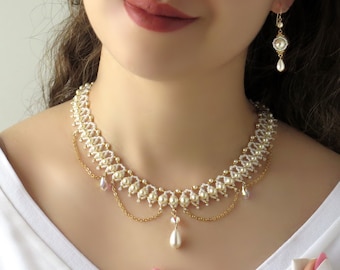 Swarovski crystal and pearl vintage style weddings jewelry set, Statement necklace and earrings for bride, White and gold beaded necklace
