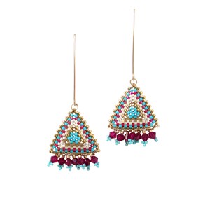 Handmade Colorful Beaded Earrings, Unique Long Geometric Triangular Design, Ideal for Special Occasions, Vibrant Fashion Accessory
