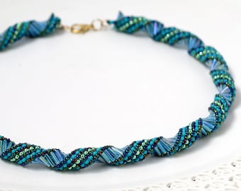 Blue spiral beaded necklaces for women, Statement necklace, Seed bead necklace, Handmade beaded necklace