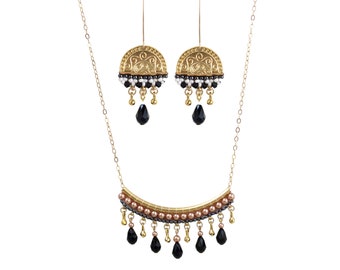 Ensemble collier et boucles d'oreilles bohème, Ensemble de bijoux noir et or, Ensemble cadeau de bijoux pour femme, Ensembles de bijoux en perles faits main