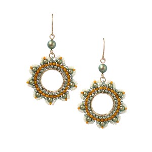 Flower earrings dangle, Green and mustard spring earrings for women, Handmade beaded fashion earrings