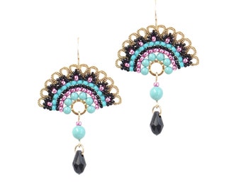 Swarovski Crystal and Pearl Gold Drop Earrings, Fashion Black-Turquoise -Pink Fan Design, Unique Gifts for Women, Handmade Beaded Jewelry