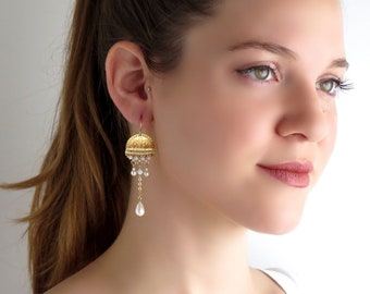 Boho wedding earrings, Pearl and gold earrings, Swarovski pearl wedding earrings, Statement beaded earrings