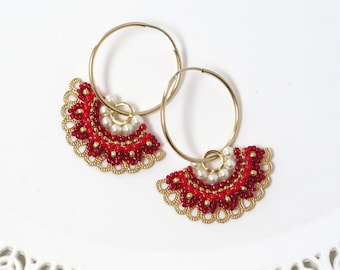 Red and gold beaded hoop earrings, Fashion hoop earring for women, Fan handmade earrings, Unique Swarovski pearl hoop earrings
