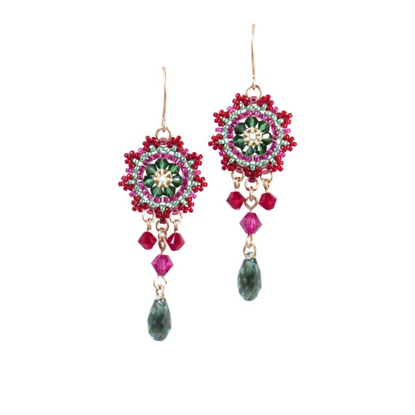 Swarovski Crystal Beaded Earrings, Red & Green Boho Chic Fashion Accessory, Unique Handcrafted Colorful Jewelry, Gift for Her