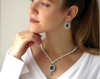 Parure de bijoux en cristal Swarovski turquoise et perle, bijoux de mariage collier et boucles d'oreilles, ensemble de perles fait main de style victorien