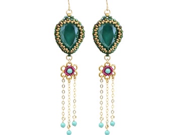 Gold Fringe Swarovski Crystal Teardrop Earrings: Dark Green, Long Statement Drop Earrings, Fashionable for Special Occasions