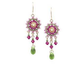 Green and pink earrings, Colorful earrings, Chandelier boho earring, Gift for wife, Cute earrings, Handmade beaded earring, Fashion earrings
