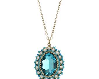 Sparkling Turquoise and Pearl Swarovski Crystal Pendant, Long Beaded Necklace, Unique Antique Style Jewelry, Ideal for Special Occasions