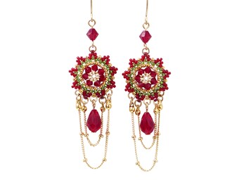 Swarovski Crystal Chandelier Earrings, Handmade Red and Green Long Statement Fashion Jewelry for Women, Unique Beaded Design