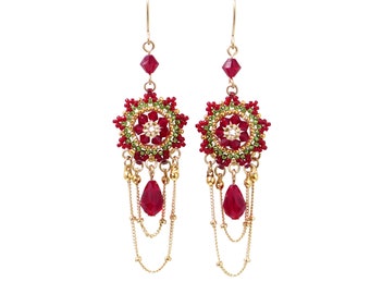 Swarovski Crystal Chandelier Earrings, Long Red and Green Dangle, Unique Statement Fashion Jewelry for Women, Ideal for Special Occasions