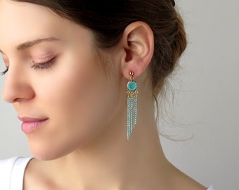 Dainty turquoise and gold tassel earring, Long chain earrings, Statement boho fringe earrings, Sparkling chandelier earrings