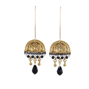 Black and gold drop earrings, Ethnic earrings, Boho statement earrings, Long earrings gift for women, Swarovski crystal beaded earrings
