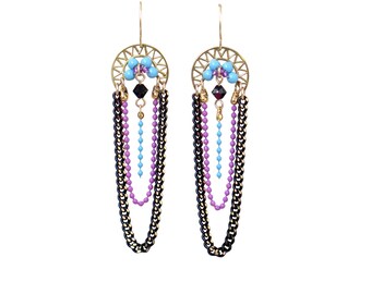 Colorful chandelier earrings, Dangle chain earring, Swarovski crystal and pearl earrings,  Black turquoise and pink earring, Fashion earring