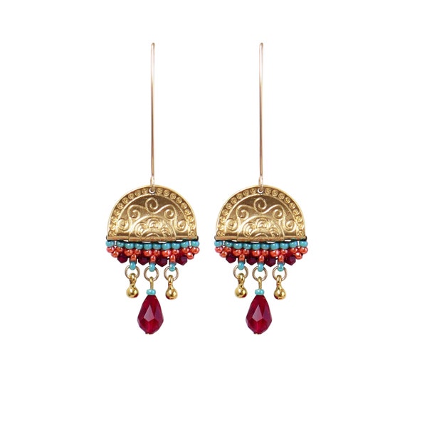 Gold Ethnic Dangle Earrings for Women, Handmade Boho Turquoise & Red Beaded, Unique Tribal Oriental Style