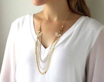 Gold and pearl layered necklace, Statement layer necklace, Long layered beaded necklace, Multilayered gold necklace