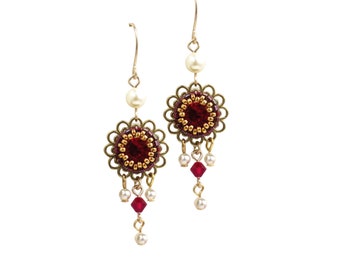 Boucles en fleurs rouges, boucles cristal rouges