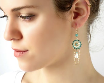 Turquoise and pearl earrings, Dainty long earrings, Turquoise bridal earrings