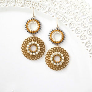 Double circle earring, Large dangle earring, Boho earrings gold, Funky earring, Gray and mustard earrings