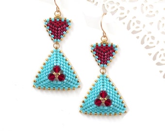 Dangle geometric earrings, Turquoise and red earrings, Triangular earrings, Colorful beaded earrings