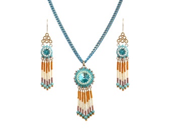 Parure de bijoux bohème chic turquoise et orange - Collier et boucles d'oreilles en perles pour femme, accessoires de mode bohème faits main, pour les festivals d'été