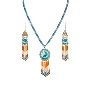 Turquoise & Orange Boho Chic Jewelry Set Women's Beaded Necklace and Earrings, Handmade Bohemian Fashion Accessories, For Summer Festivals Necklace and earring