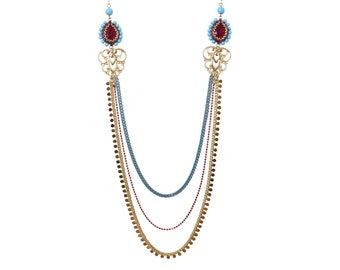 Collier en superposition tendance, collier en or multicouche, long collier de perles en superposition, collier en forme de larme Swarovski bleu et rouge