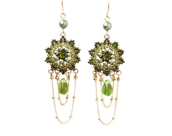 Gold & Green Long Boho Chandelier Earrings, Statement Dangle Beaded Jewelry for Evening and Special Occasions