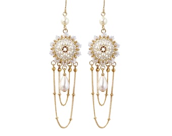 Statement bridal earrings gold, Bohemian chandelier wedding earrings, Pearl formal earrings, Long chain dangle earrings, Beaded  earrings