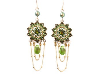 Statement chandelier earrings, Swarovski crystal green and gold dangle earrings, Long drop beaded earring, Special occasion earring