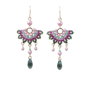 Handmade Green and Pink Beaded Chandelier Earrings, Unique Fashion Accessory for Women, Perfect for Special Occasions image 1