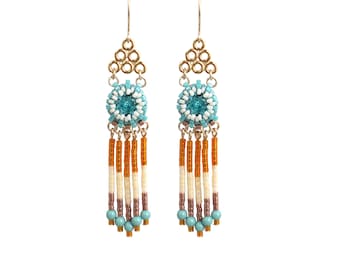 Tassel bead earrings, Boho statement earrings, Turquoise and orange earrings, Fringe earrings gold, Native style beaded earrings