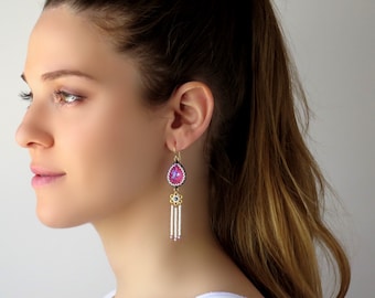 Hot pink earrings, Long statement earrings, Swarovski teardrop earrings, Beaded crystal earrings, Sparkling earrings, Formal earrings